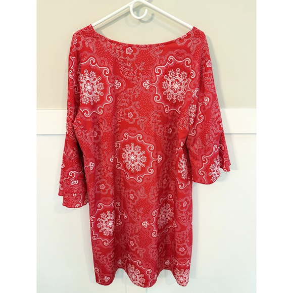 Red Paisley Print Tunic Dress XXL Boho V-Neck 3/4 Sleeve - Picture 2 of 4
